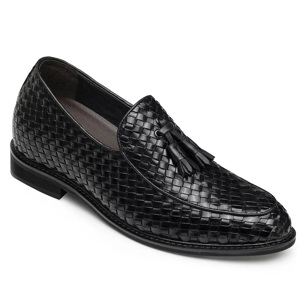 8 CM / 3.15 Inches CMR CHAMARIPA Black Woven Leather Loafers for Men