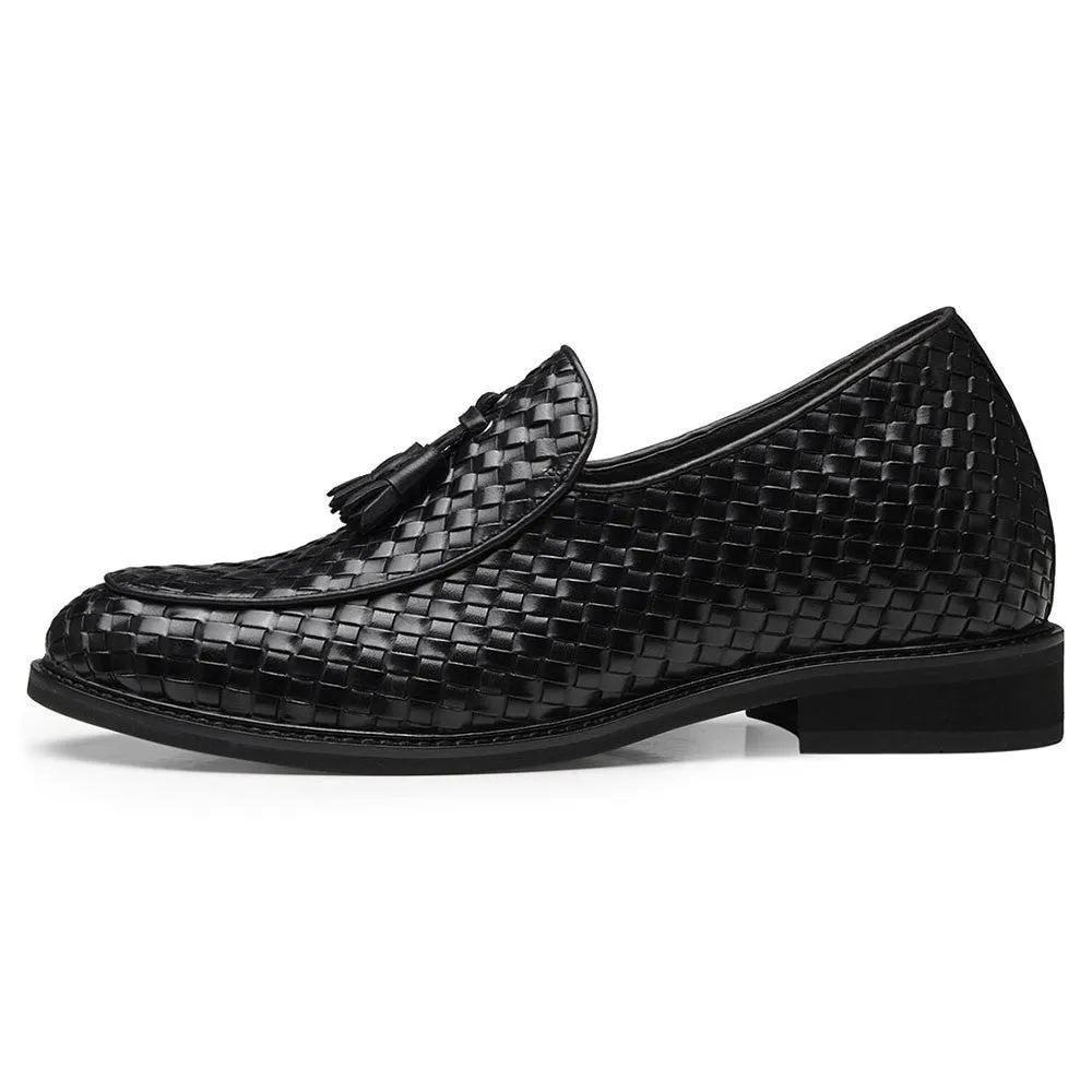 8 CM / 3.15 Inches CMR CHAMARIPA Black Woven Leather Loafers for Men