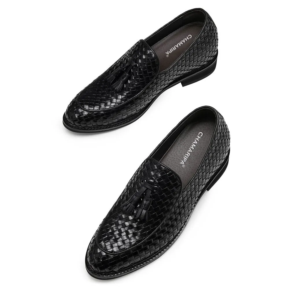 8 CM / 3.15 Inches CMR CHAMARIPA Black Woven Leather Loafers for Men