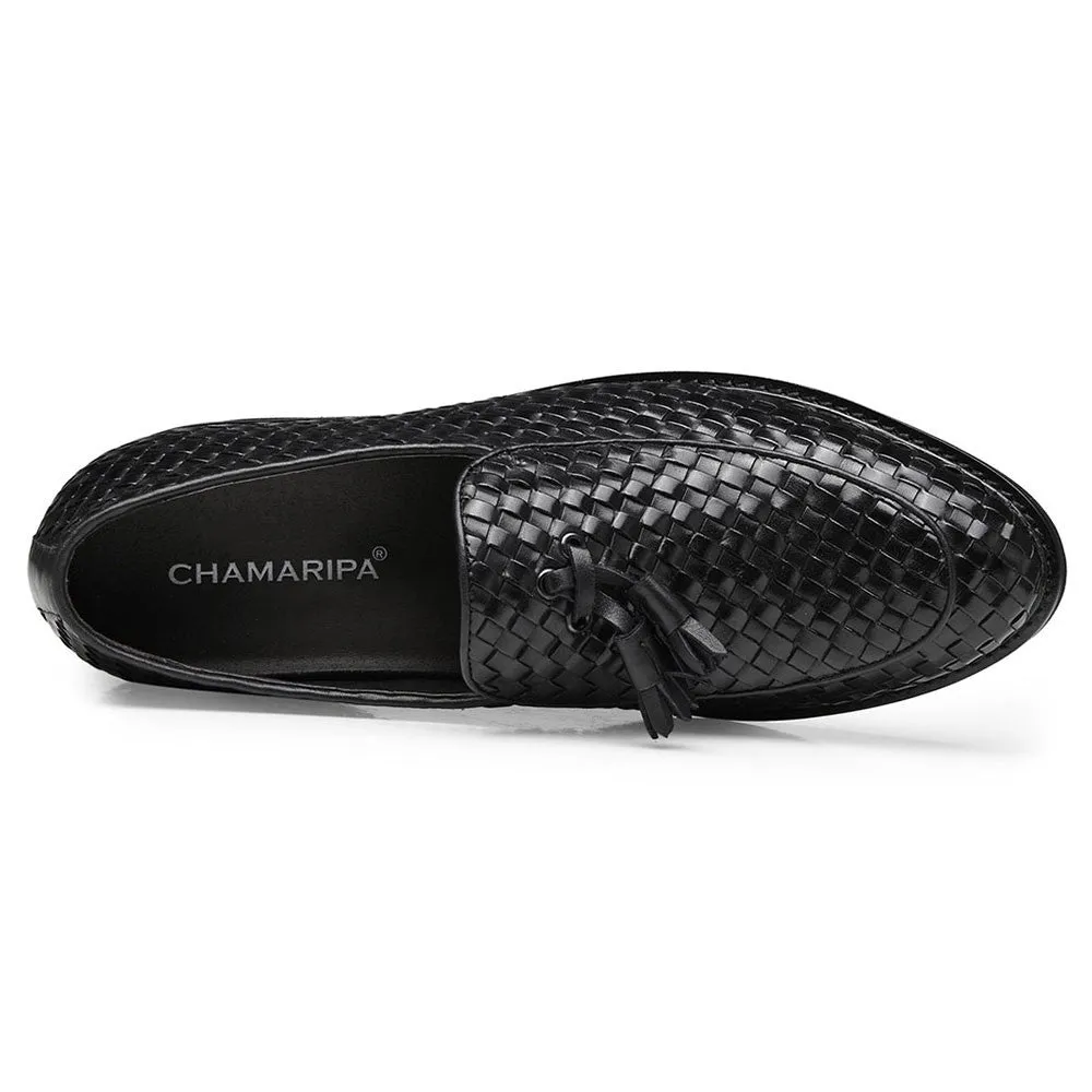 8 CM / 3.15 Inches CMR CHAMARIPA Black Woven Leather Loafers for Men