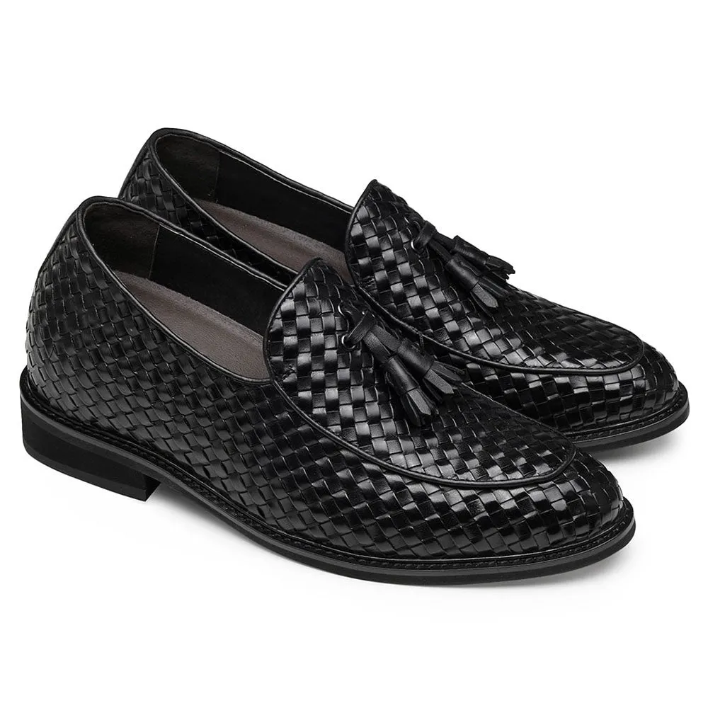 8 CM / 3.15 Inches CMR CHAMARIPA Black Woven Leather Loafers for Men