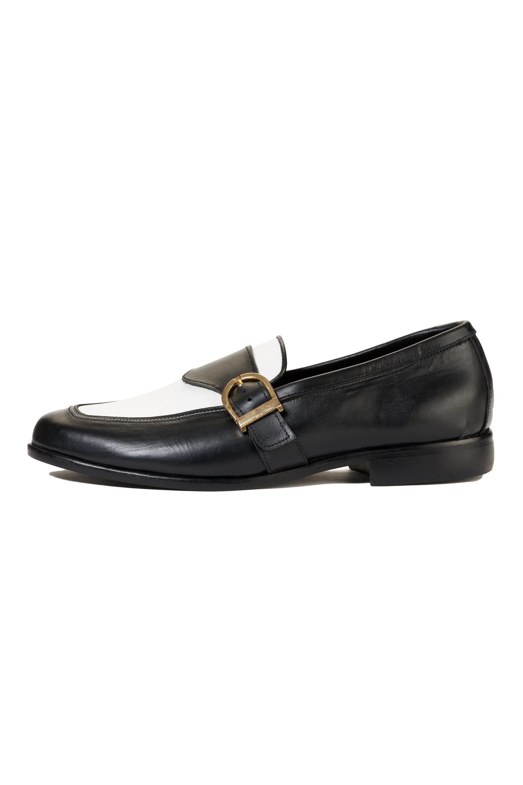 Ajadi Loafers in Black and White Leather with Black Strap Buckle