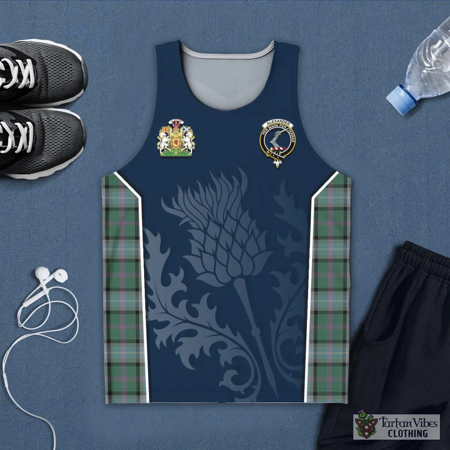 Alexander of Menstry Hunting Tartan Men's Tanks Top with Family Crest and Scottish Thistle Vibes Sport Style