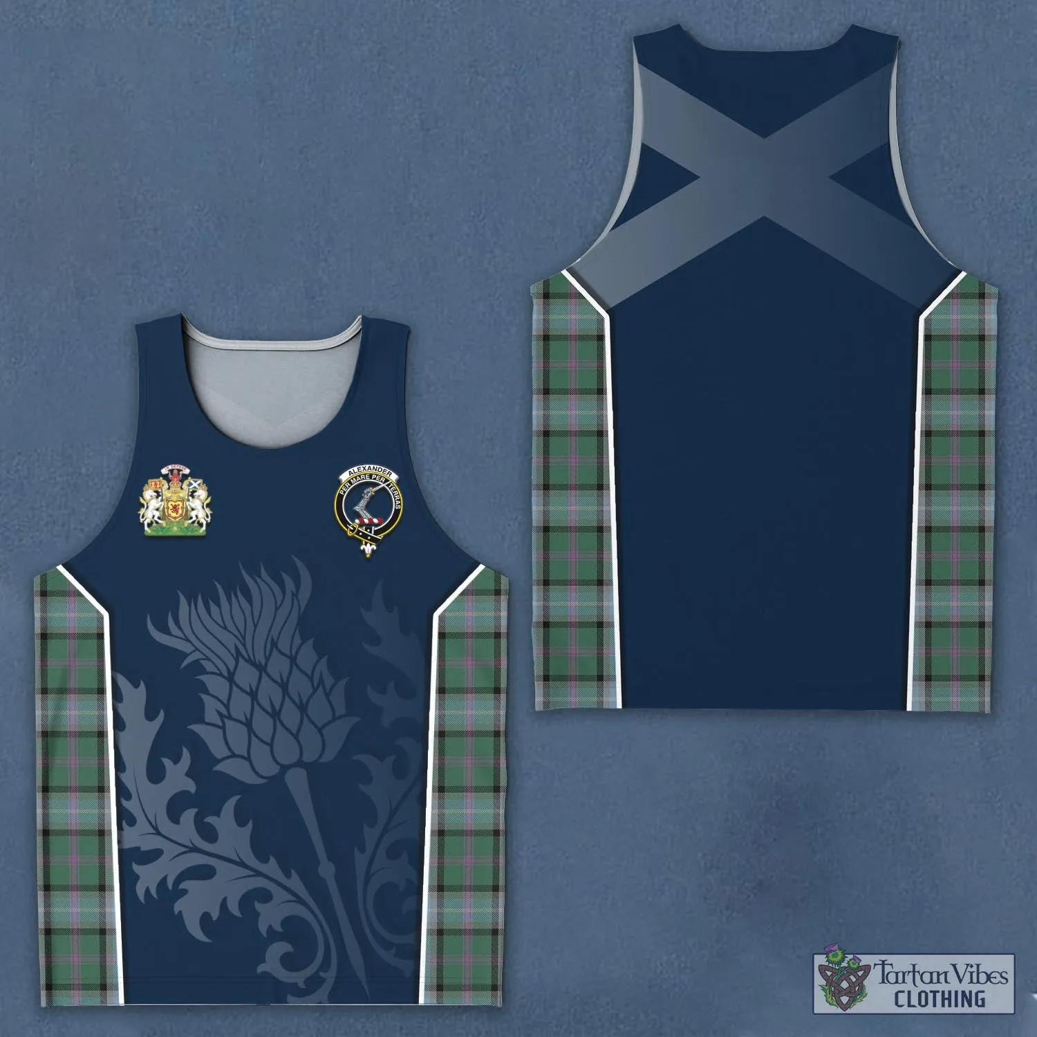 Alexander of Menstry Hunting Tartan Men's Tanks Top with Family Crest and Scottish Thistle Vibes Sport Style