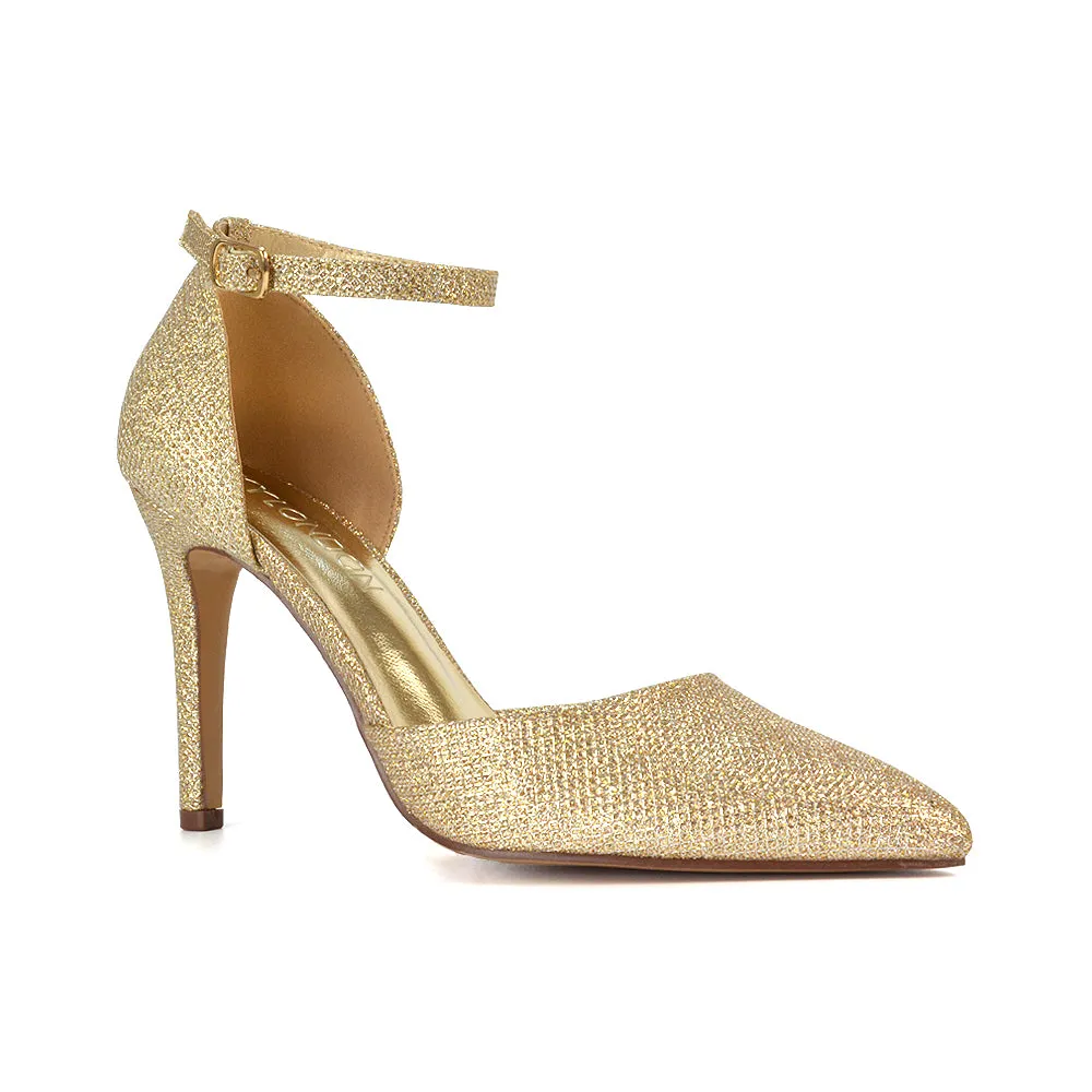 Ami High Heel Stilettos Pointed Toe Strappy Court Shoes in Gold Glitter