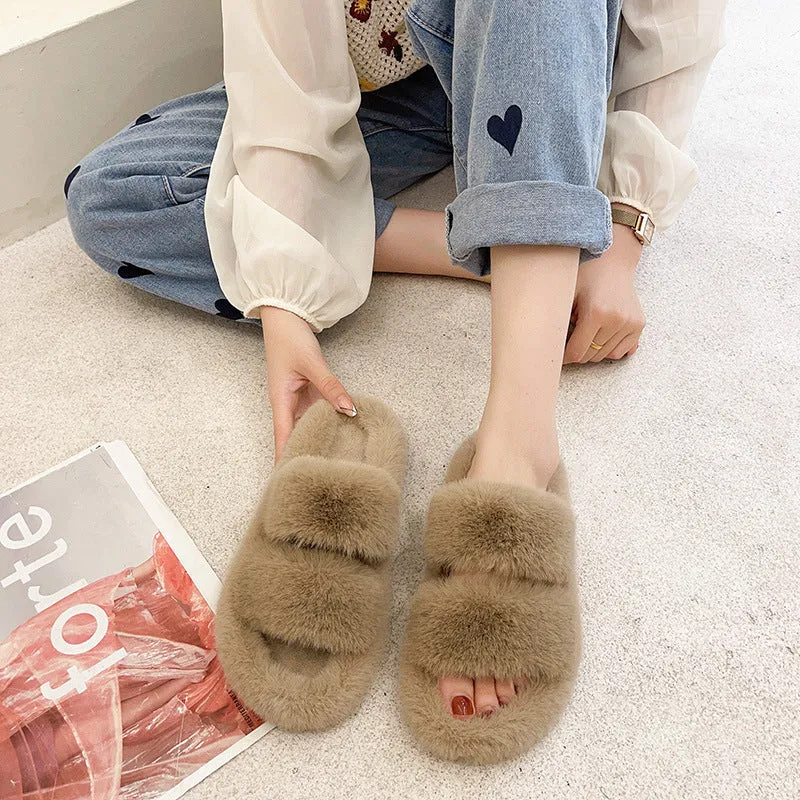 Autumn and Winter New Outdoor Women's Fluffy Shoes One-Strap Women's Plush Slippers Korean Casual Home Wool Sleeper