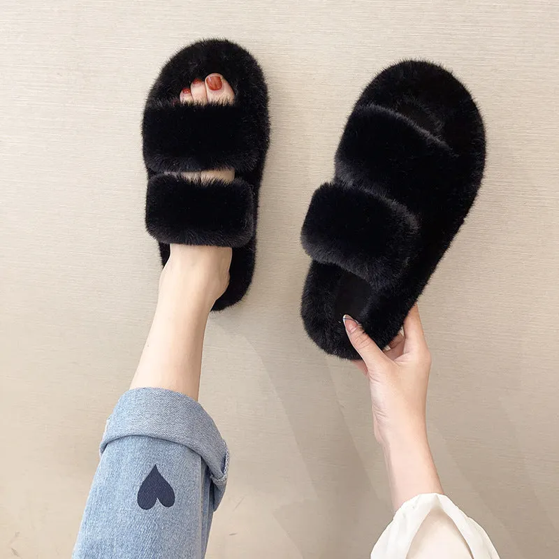 Autumn and Winter New Outdoor Women's Fluffy Shoes One-Strap Women's Plush Slippers Korean Casual Home Wool Sleeper