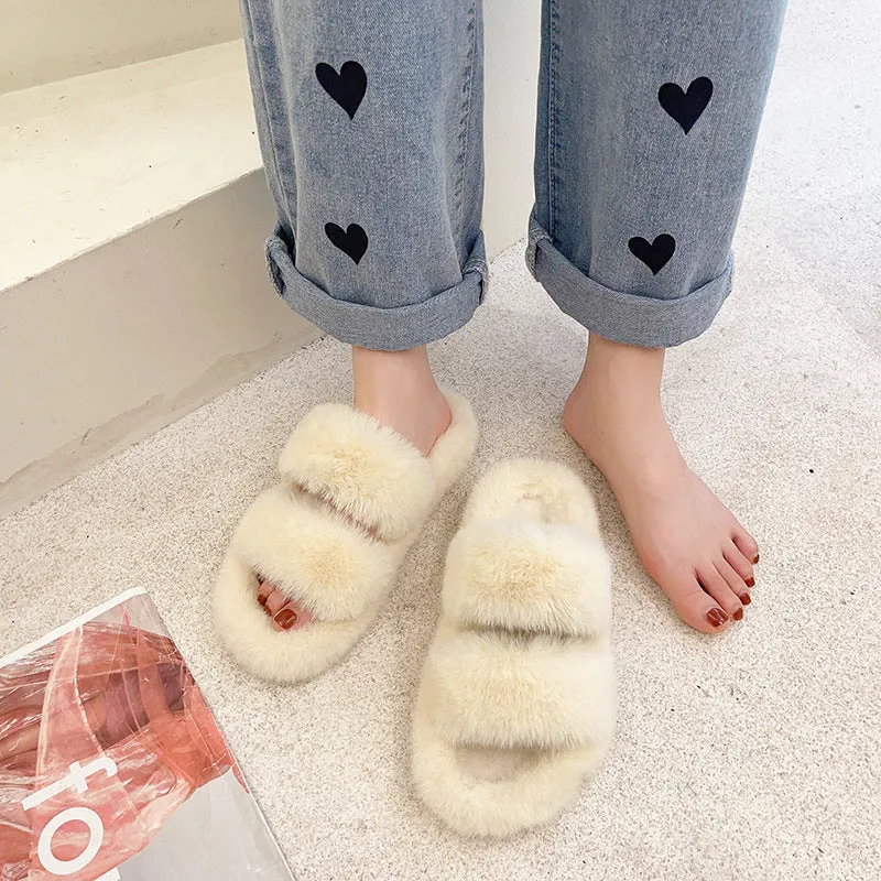 Autumn and Winter New Outdoor Women's Fluffy Shoes One-Strap Women's Plush Slippers Korean Casual Home Wool Sleeper