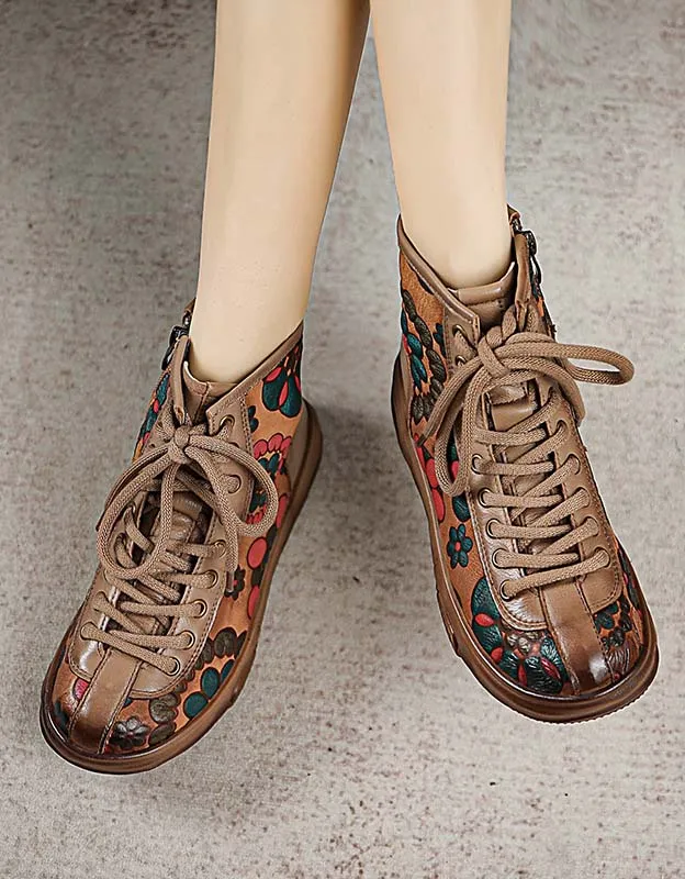 Autumn Flower Print Comfortable Flat Retro Boots