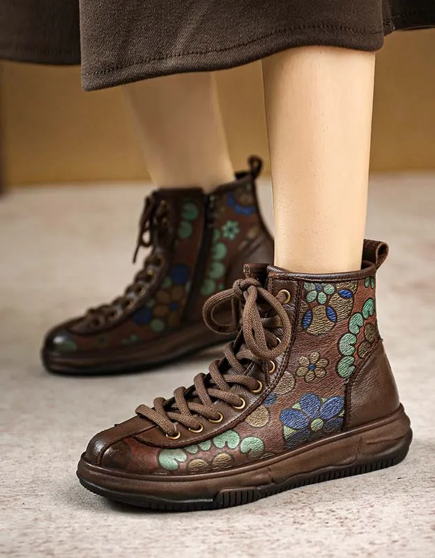 Autumn Flower Print Comfortable Flat Retro Boots