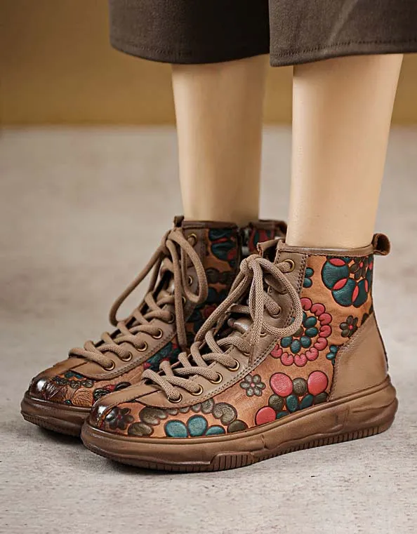 Autumn Flower Print Comfortable Flat Retro Boots