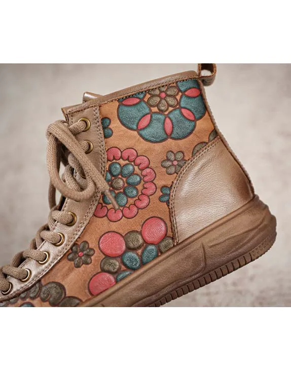 Autumn Flower Print Comfortable Flat Retro Boots