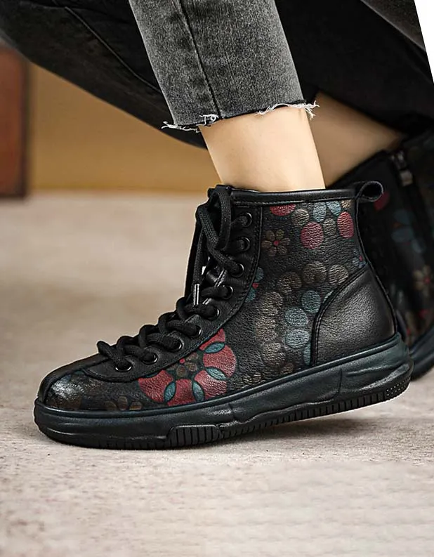 Autumn Flower Print Comfortable Flat Retro Boots