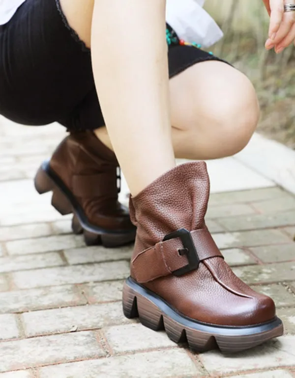 Autumn Retro Leather Buckle Gear Sole Short Boots