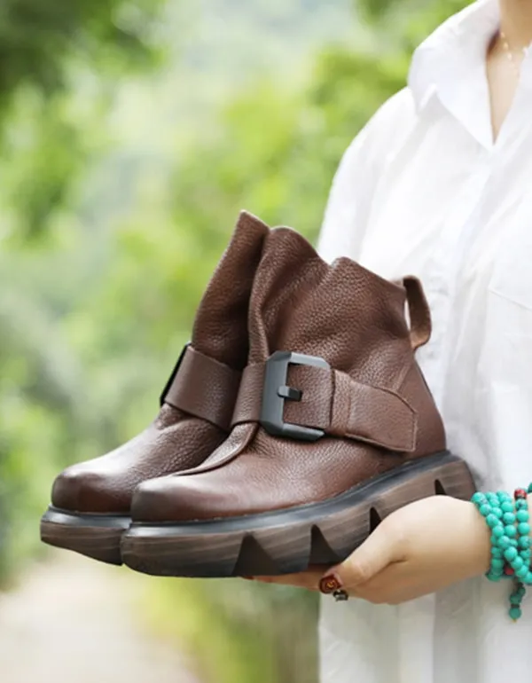 Autumn Retro Leather Buckle Gear Sole Short Boots