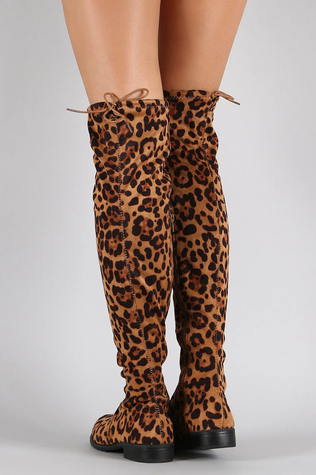 Bamboo Leopard Suede Tied Flat Thigh High Boot