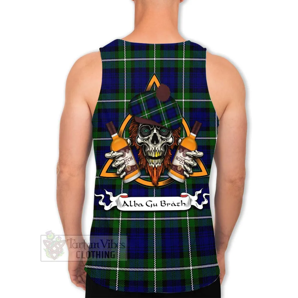 Bannerman Tartan Men's Tank Top with Family Crest and Bearded Skull Holding Bottles of Whiskey