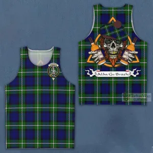 Bannerman Tartan Men's Tank Top with Family Crest and Bearded Skull Holding Bottles of Whiskey