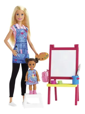 Barbie Art Teacher Playset With Blonde Doll, Toddler Doll, Toy Art Pieces