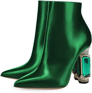 Beautified Green Bejeweled Heel Ankle Boots