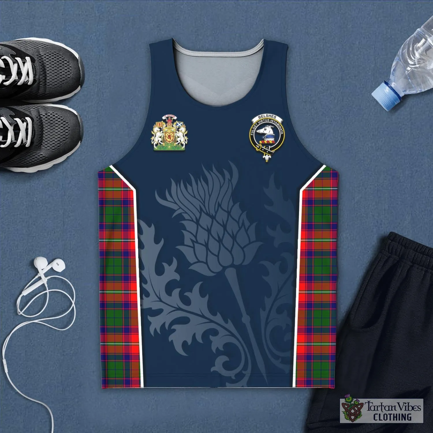 Belshes Tartan Men's Tanks Top with Family Crest and Scottish Thistle Vibes Sport Style