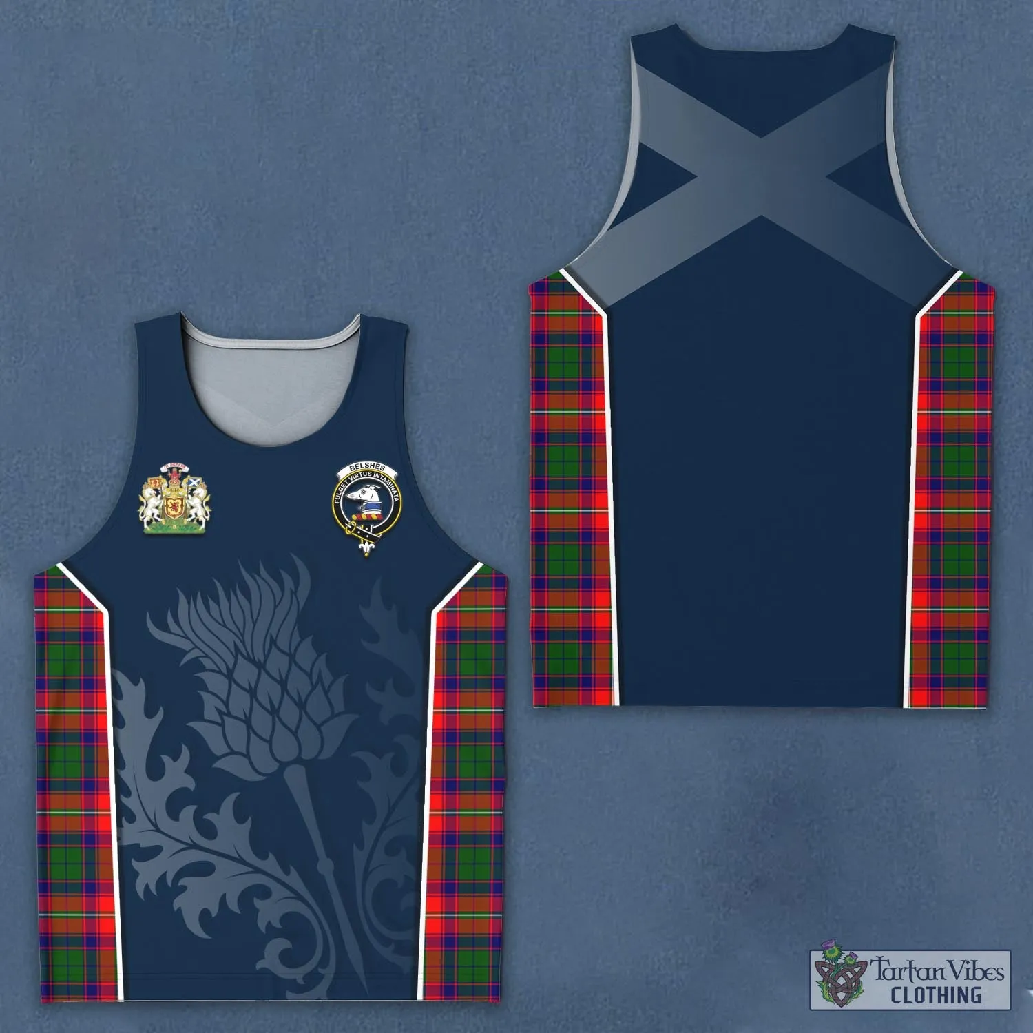 Belshes Tartan Men's Tanks Top with Family Crest and Scottish Thistle Vibes Sport Style