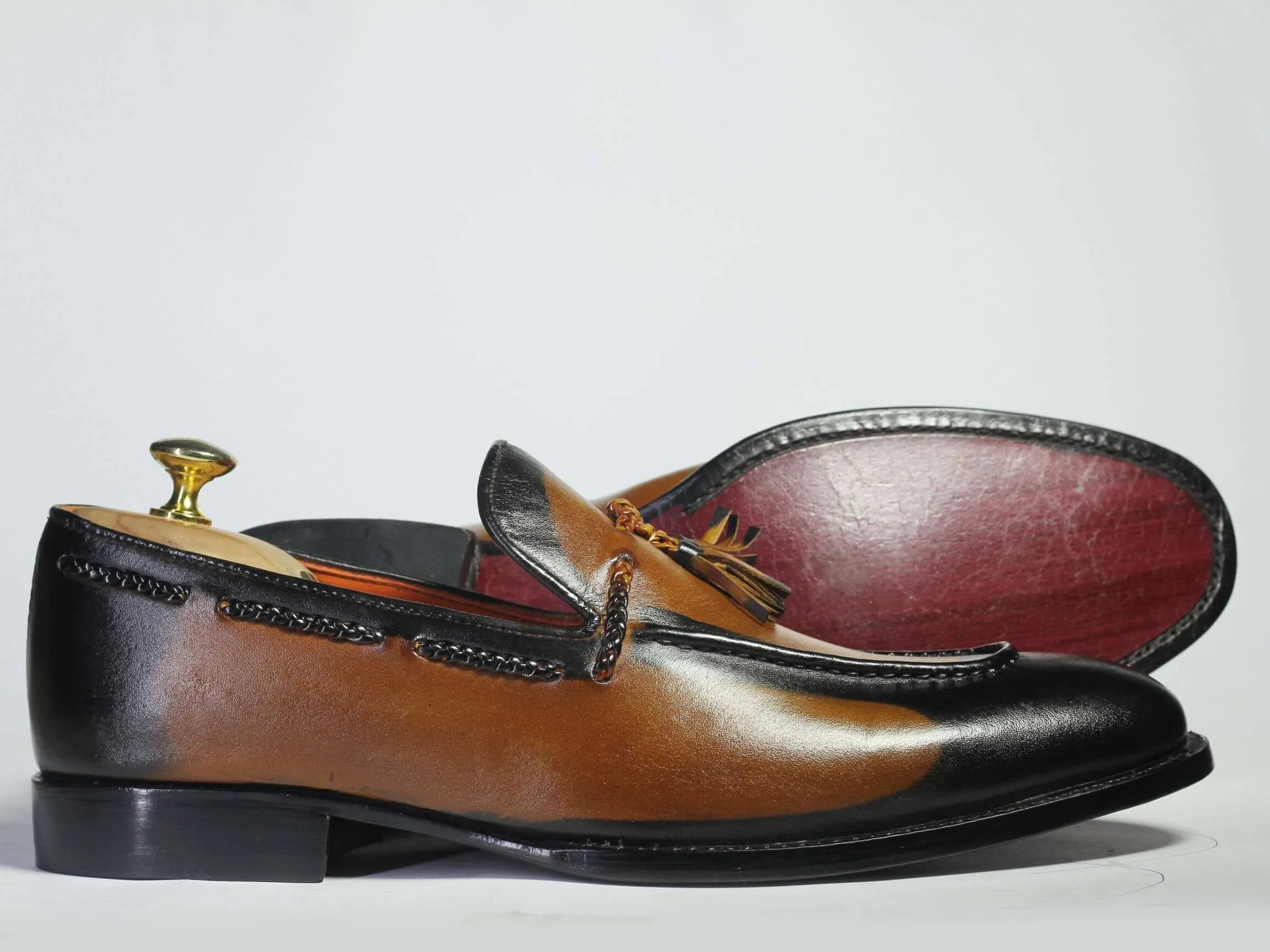 Bespoke Tan Black Tussle Loafer Leather  Shoes for Men's