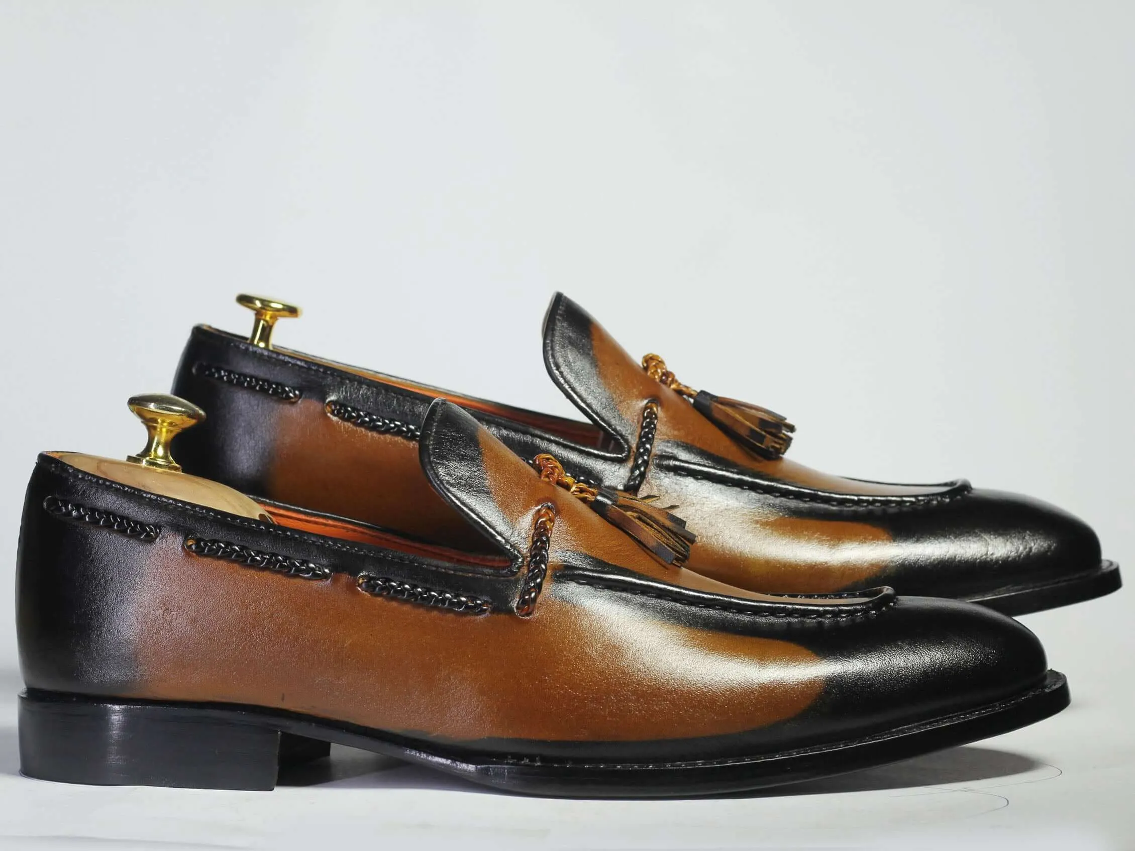 Bespoke Tan Black Tussle Loafer Leather  Shoes for Men's