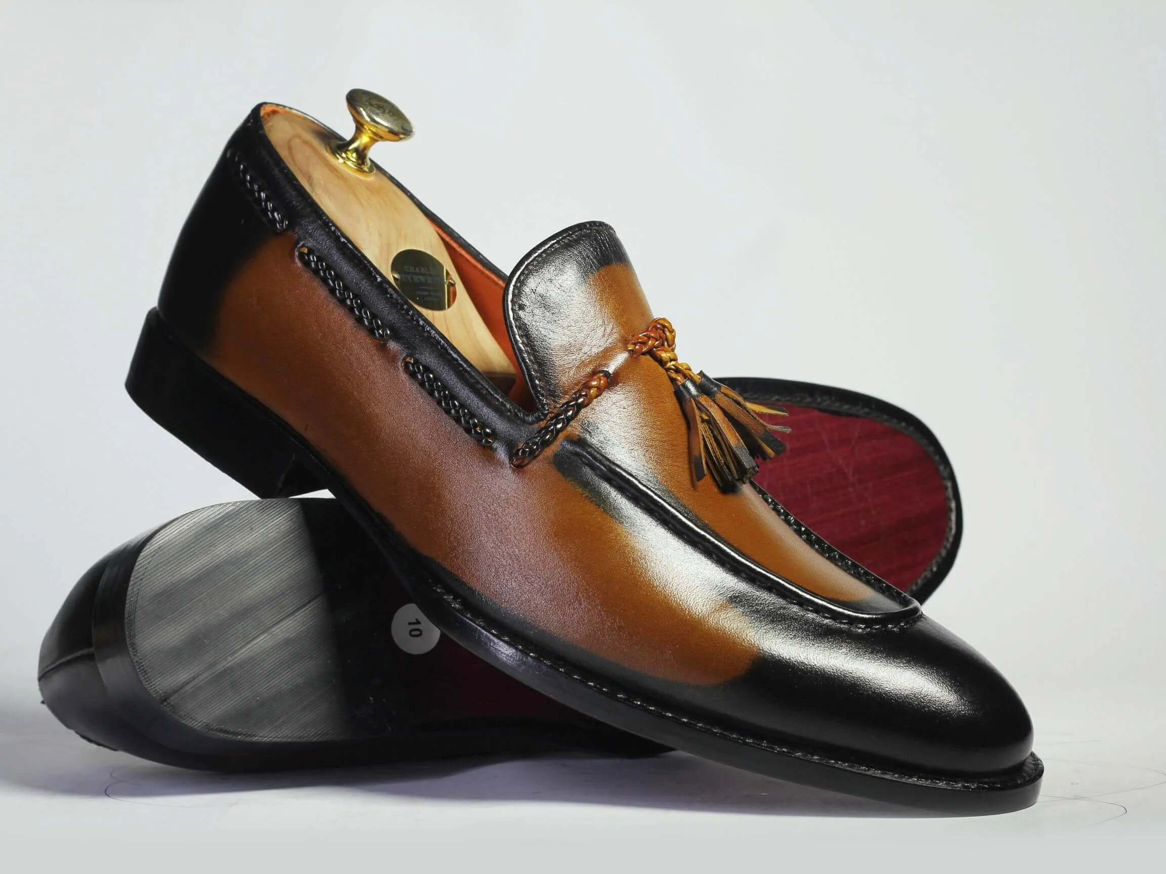 Bespoke Tan Black Tussle Loafer Leather  Shoes for Men's