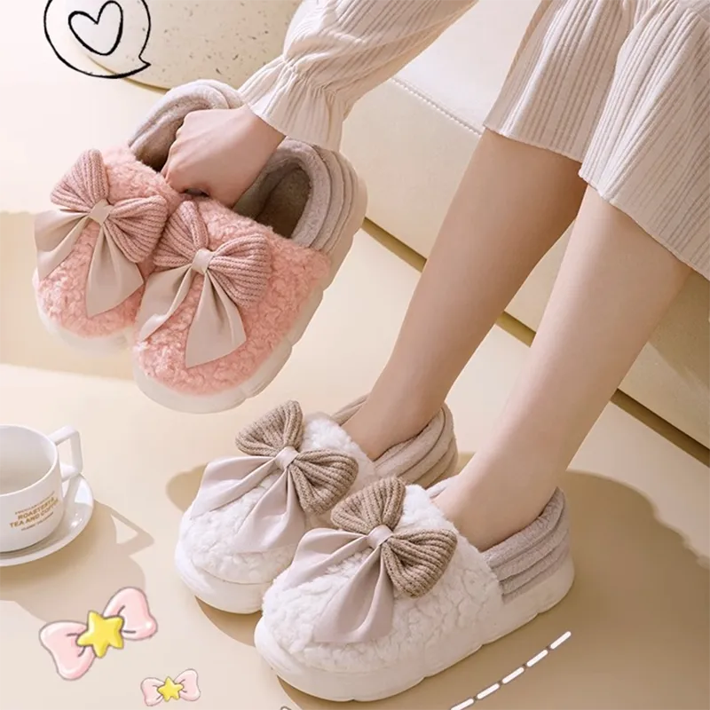 Big Bow-knot Fluffy Slippers Winter Warm Covered Heel Cotton Shoes Fashion Thick-soled Platform Slippers Indoor And Outdoor Garden Walking Shoes