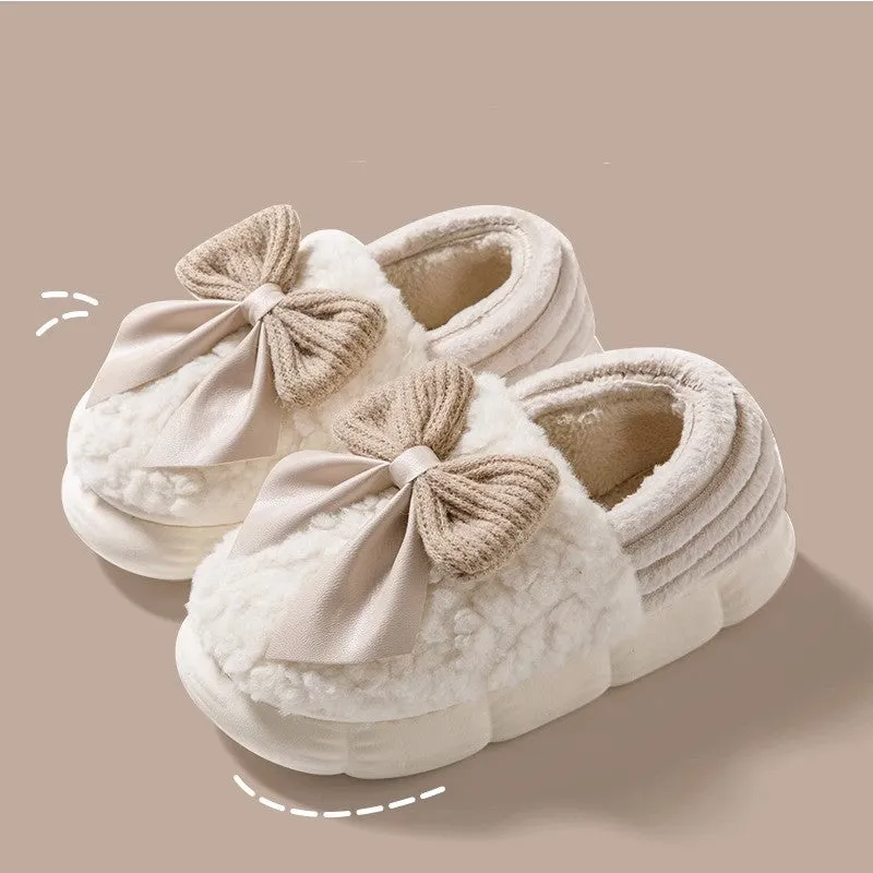 Big Bow-knot Fluffy Slippers Winter Warm Covered Heel Cotton Shoes Fashion Thick-soled Platform Slippers Indoor And Outdoor Garden Walking Shoes