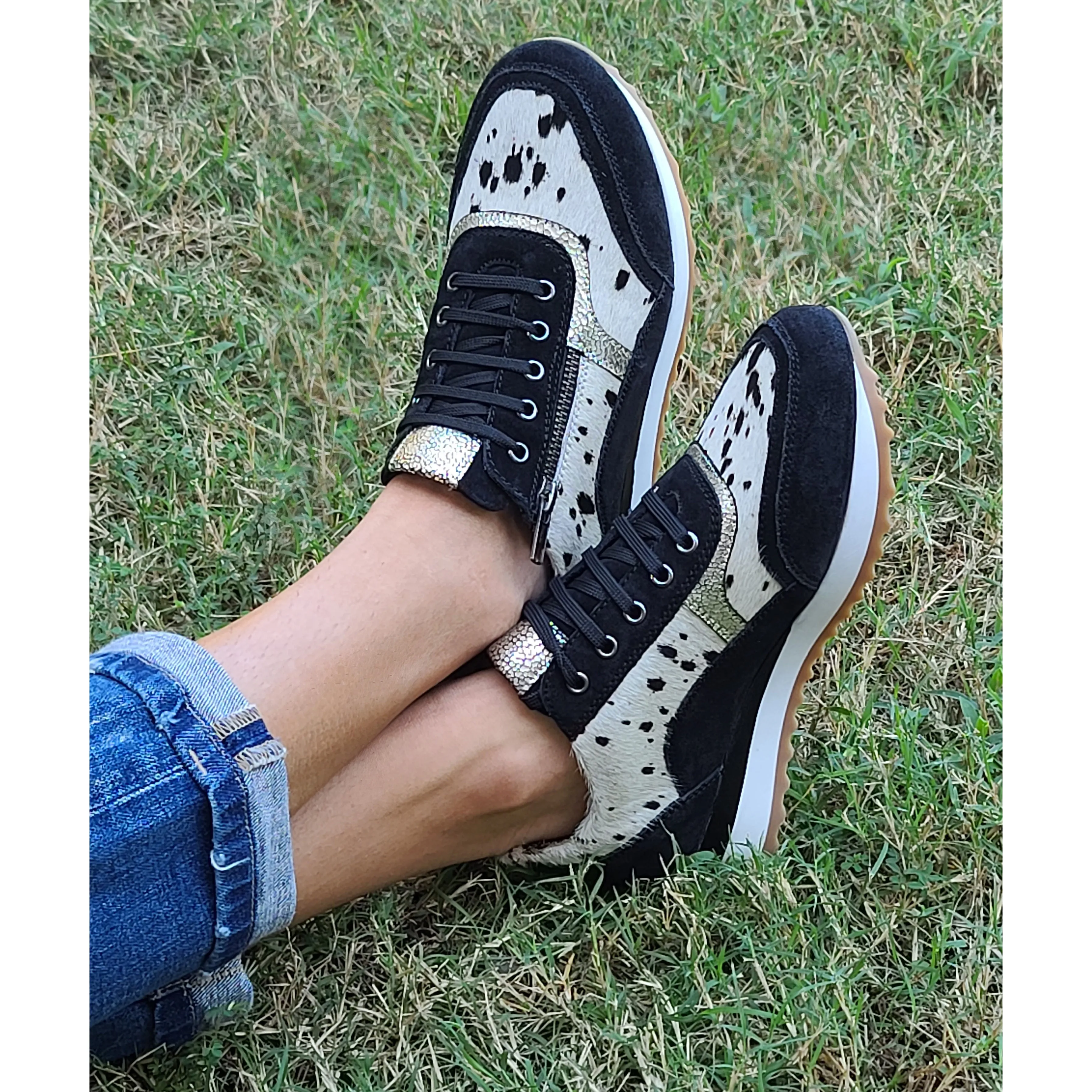 Black & White Cowhide Tennis Shoes