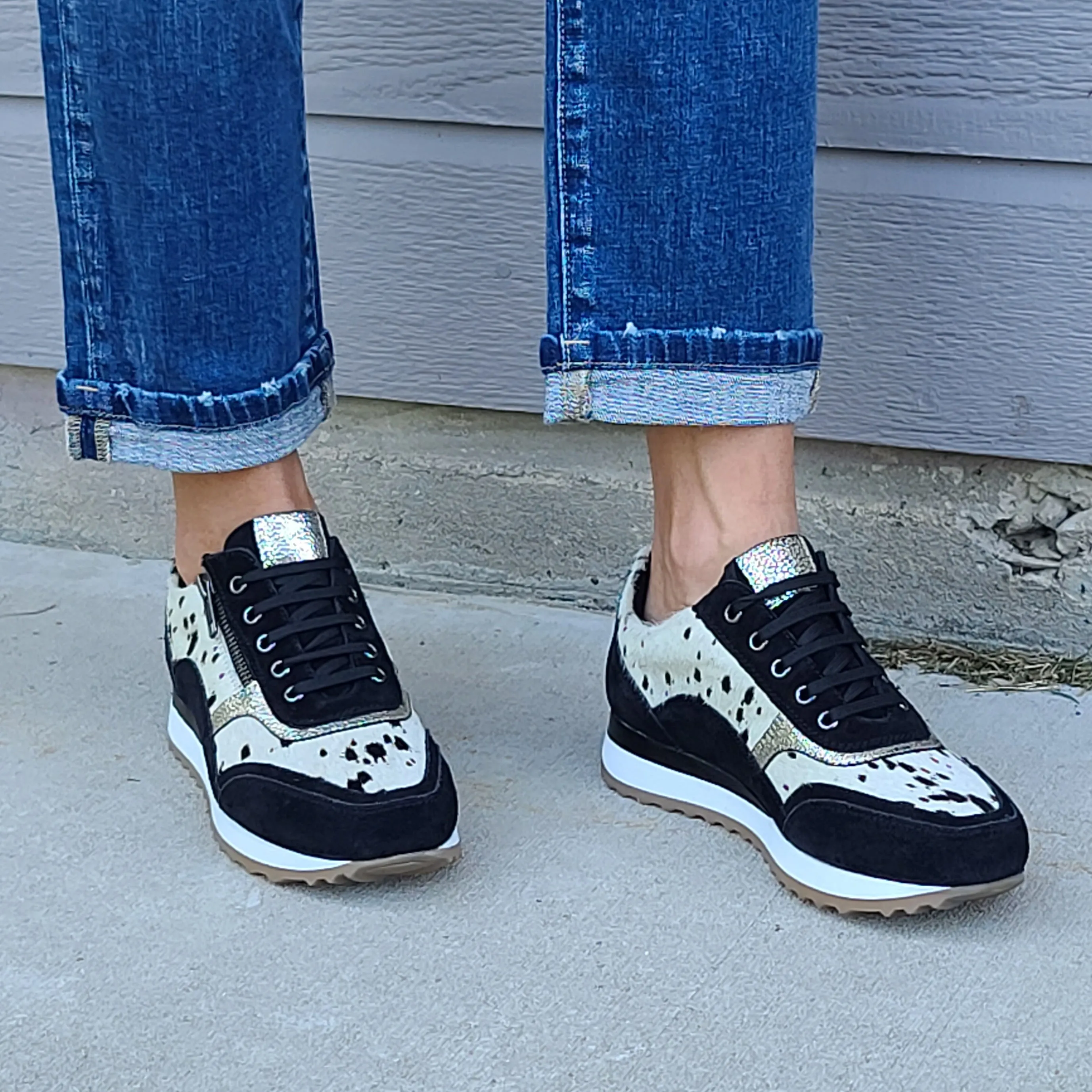 Black & White Cowhide Tennis Shoes