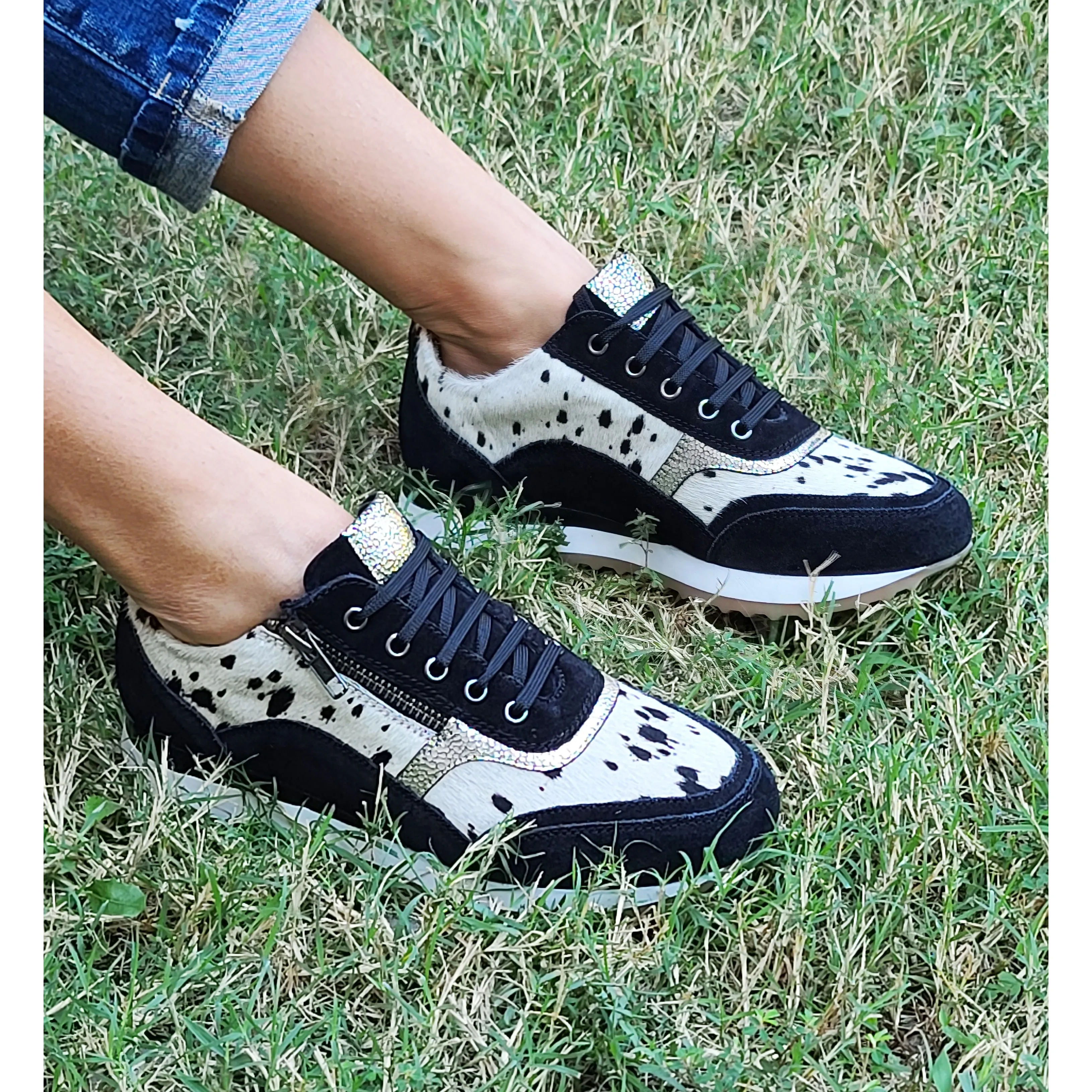 Black & White Cowhide Tennis Shoes