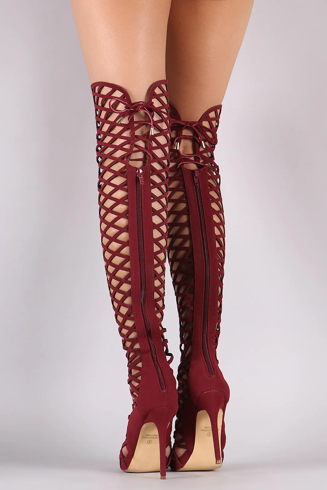 Brea -  Lace-Up Geo Cutout Over-The-Knee Stiletto Boots