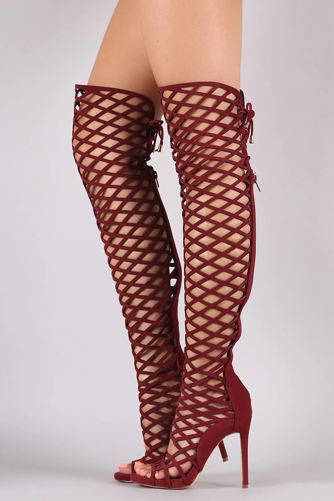 Brea -  Lace-Up Geo Cutout Over-The-Knee Stiletto Boots