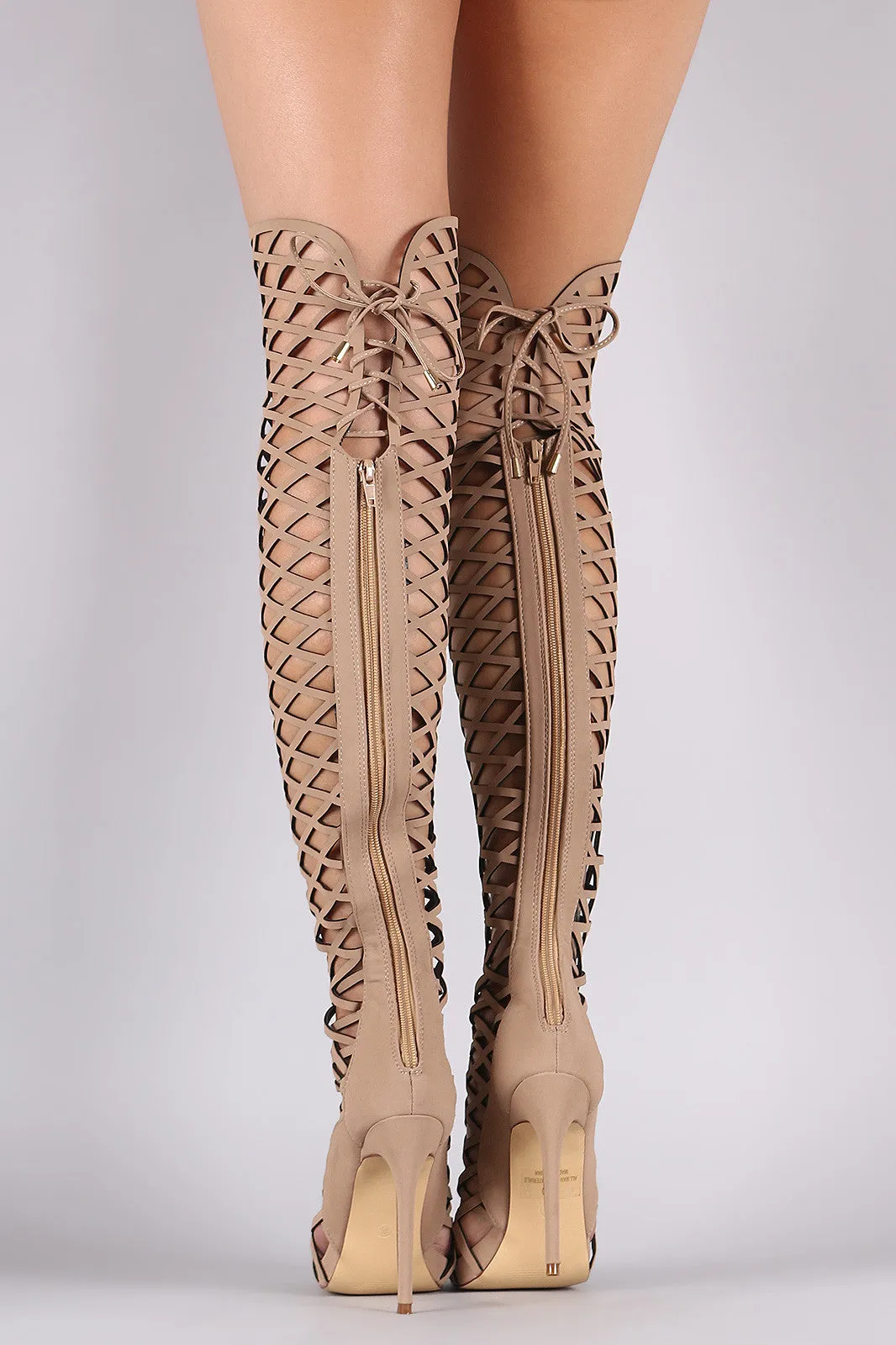 Brea -  Lace-Up Geo Cutout Over-The-Knee Stiletto Boots