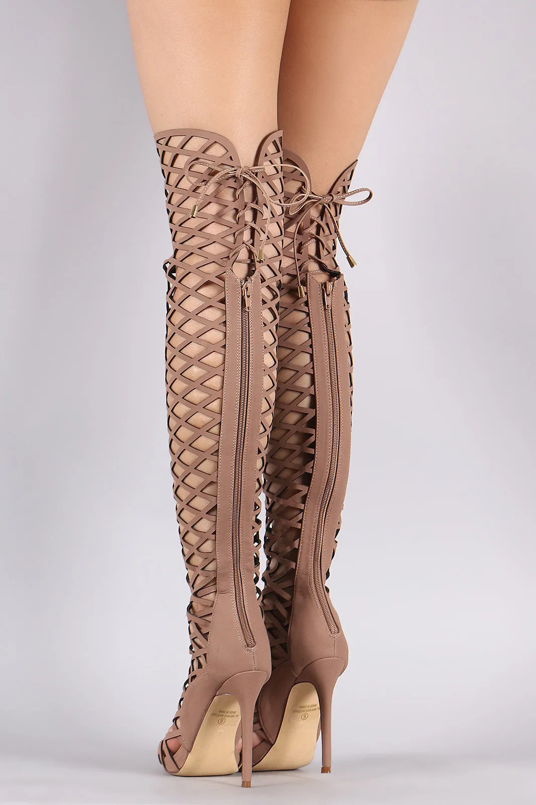 Brea -  Lace-Up Geo Cutout Over-The-Knee Stiletto Boots