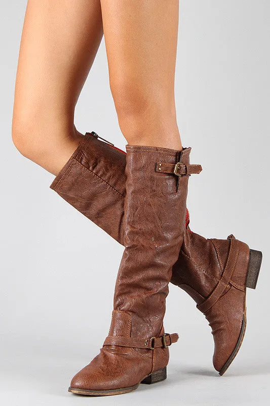 Breckelle Double Buckle Contrast Zipper Riding Knee High Boots