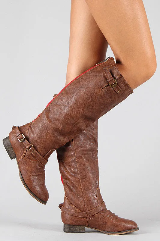 Breckelle Double Buckle Contrast Zipper Riding Knee High Boots