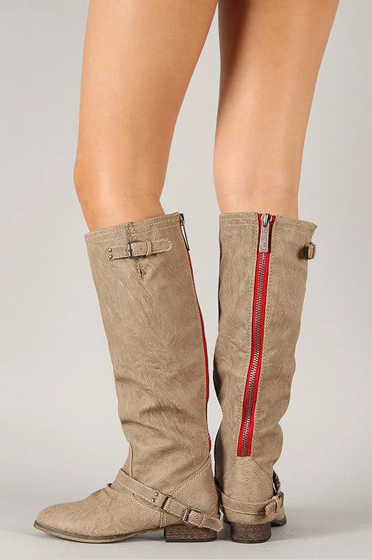 Breckelle Double Buckle Contrast Zipper Riding Knee High Boots