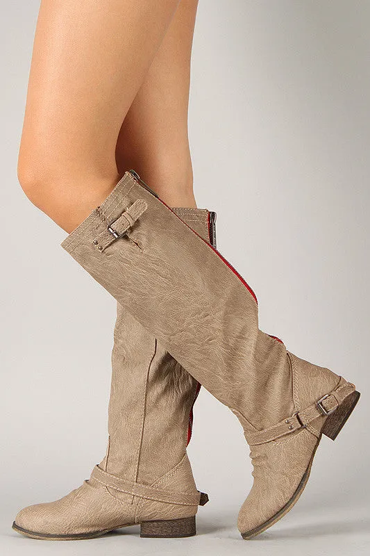 Breckelle Double Buckle Contrast Zipper Riding Knee High Boots