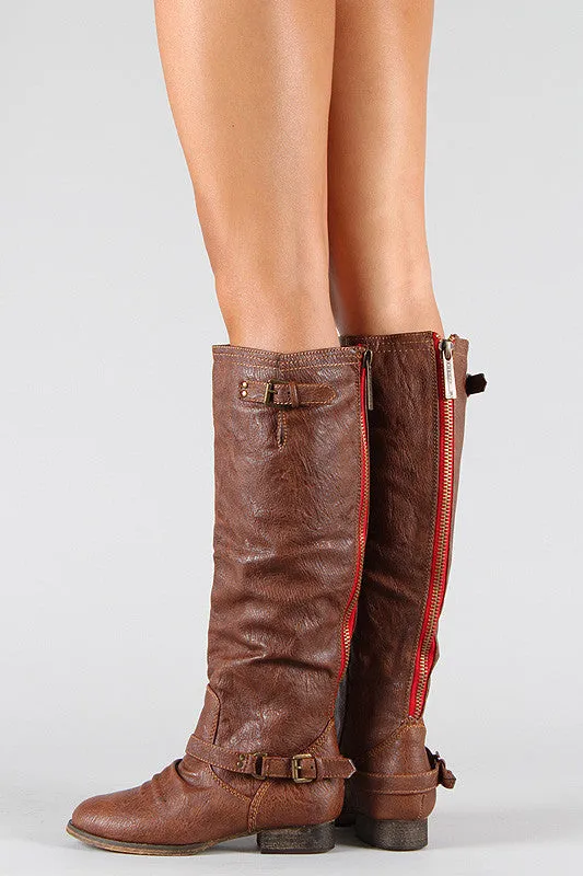 Breckelle Double Buckle Contrast Zipper Riding Knee High Boots