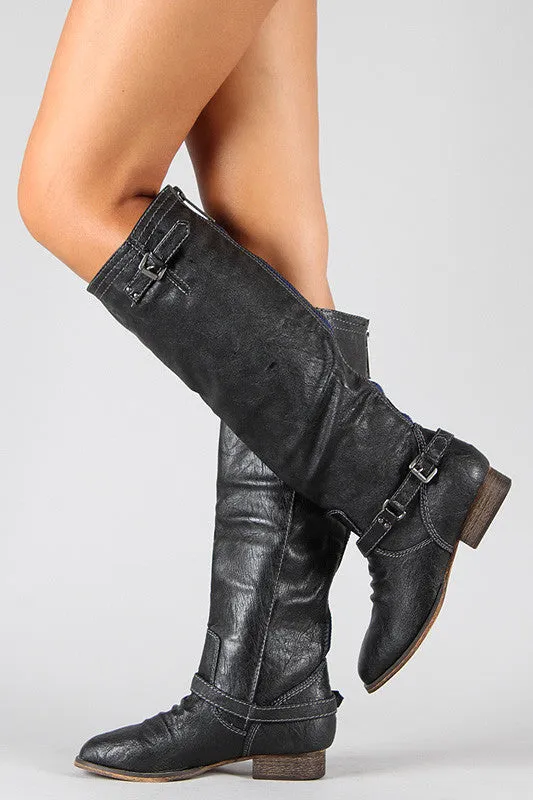 Breckelle Double Buckle Contrast Zipper Riding Knee High Boots