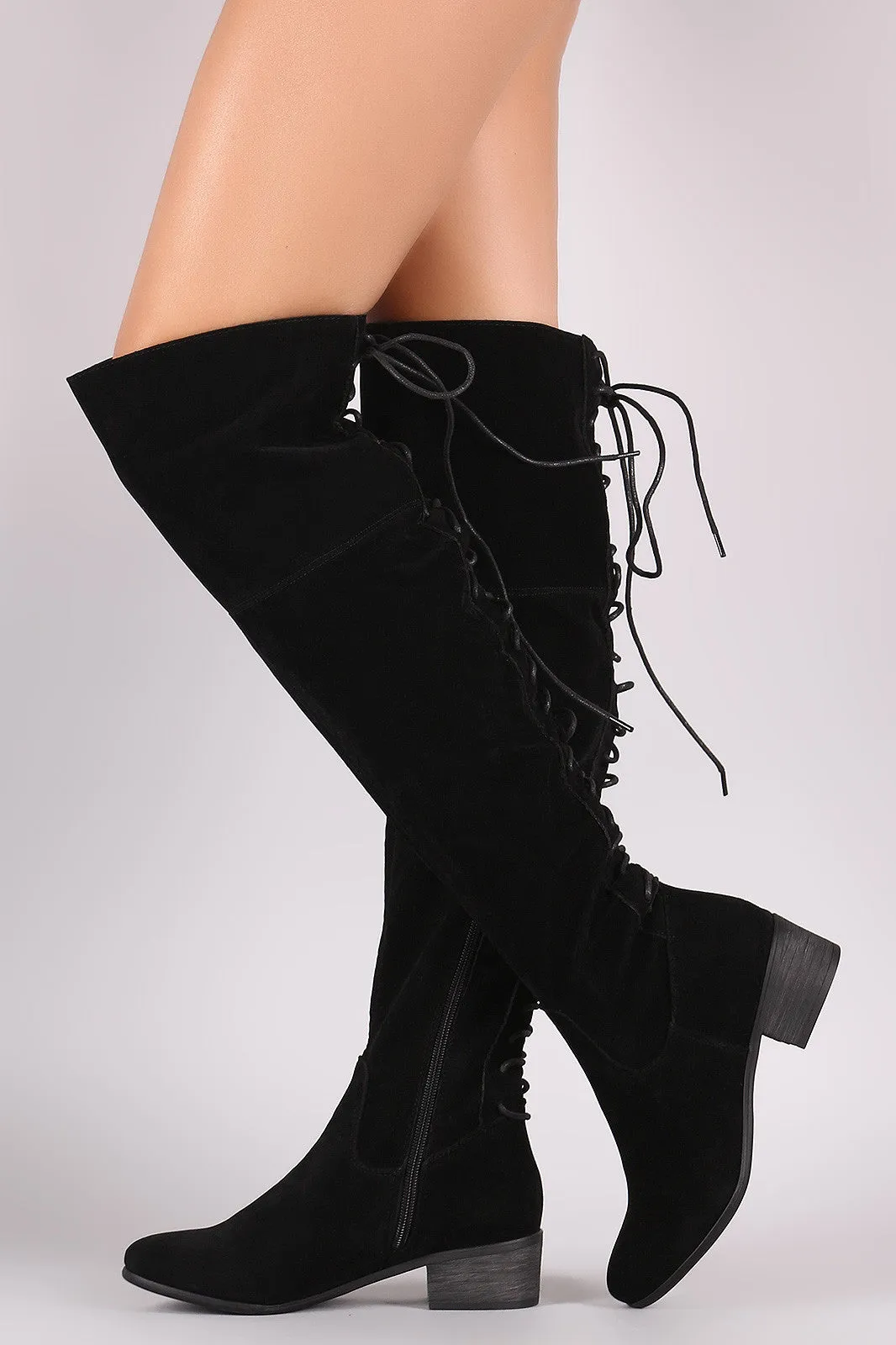 Breckelle Vegan Suede Lace Up Back Over The Knee Boots