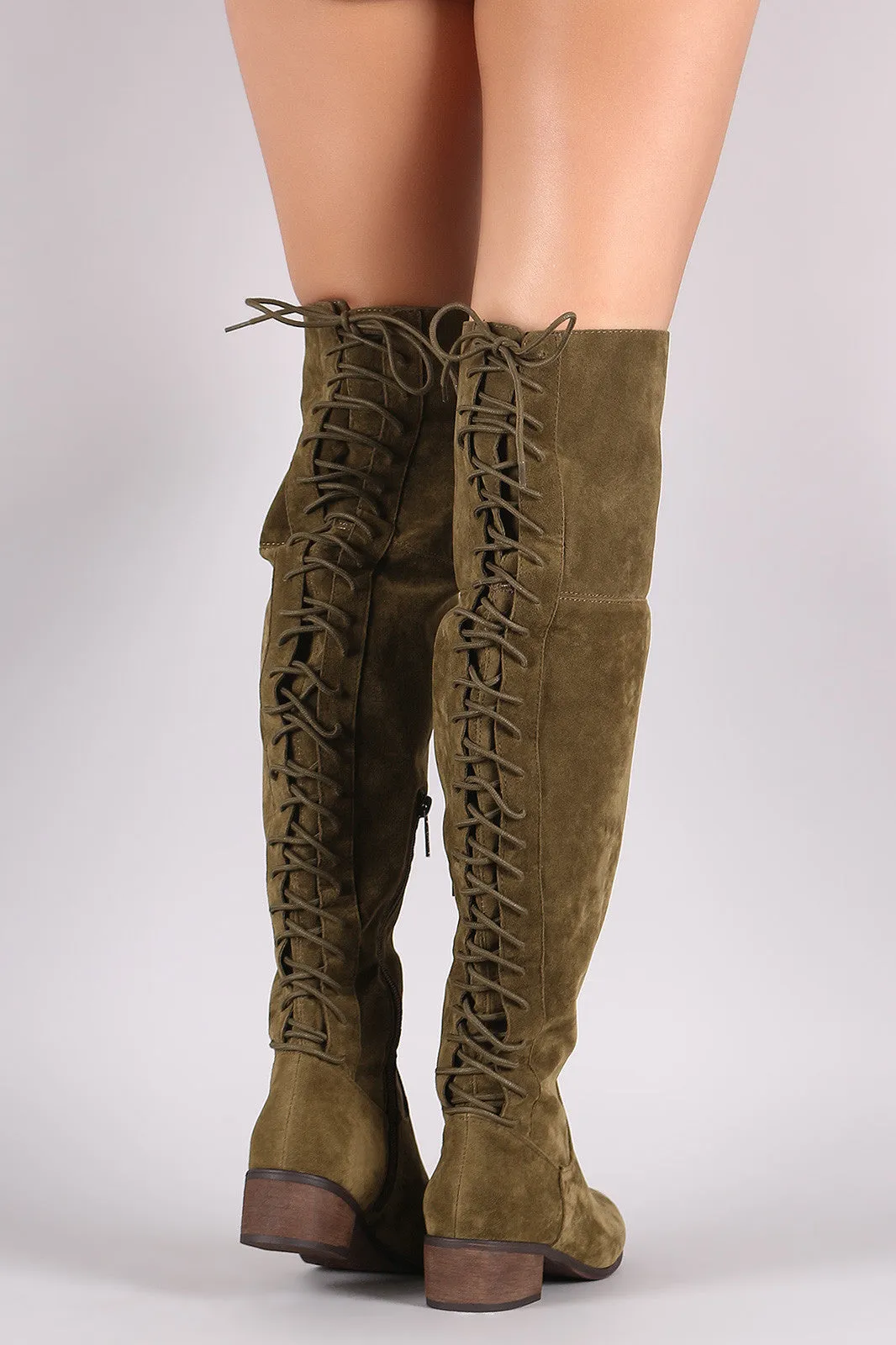 Breckelle Vegan Suede Lace Up Back Over The Knee Boots