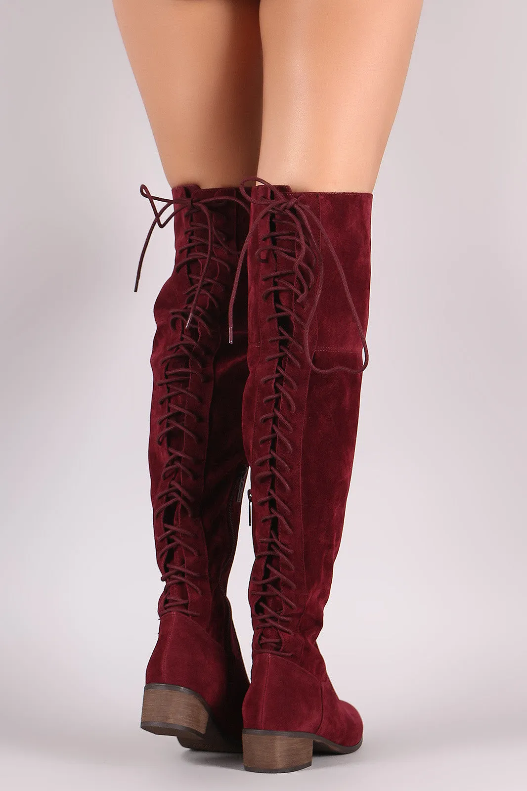 Breckelle Vegan Suede Lace Up Back Over The Knee Boots