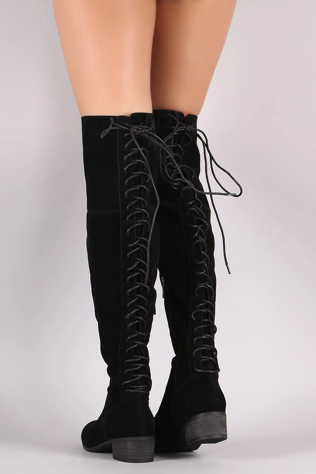 Breckelle Vegan Suede Lace Up Back Over The Knee Boots