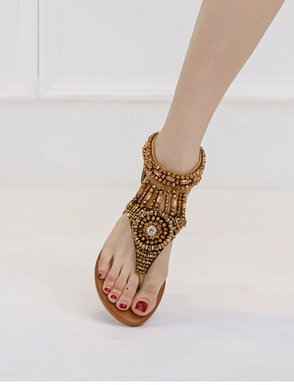 Brown Hollow Out Toe Ring Sandals With Boho Bead Decoration For Women