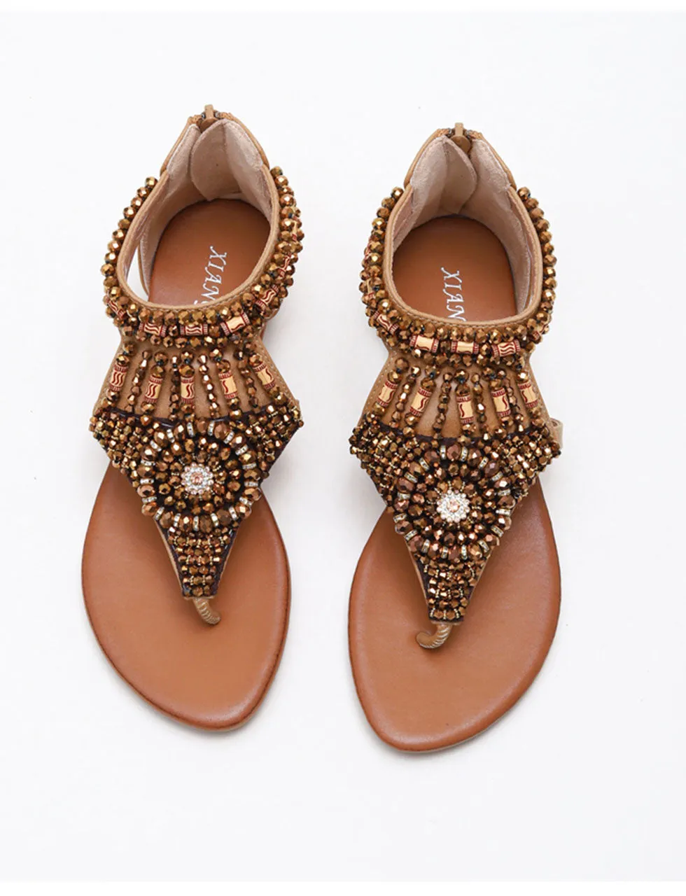 Brown Hollow Out Toe Ring Sandals With Boho Bead Decoration For Women